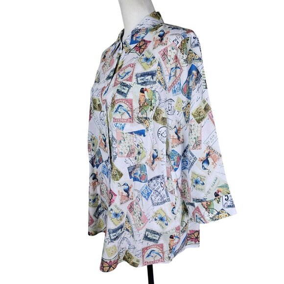 Chicos No-Iron Linen Button Up Shirt XL Postcard Print Coastal Artsy Travel - Picture 2 of 12